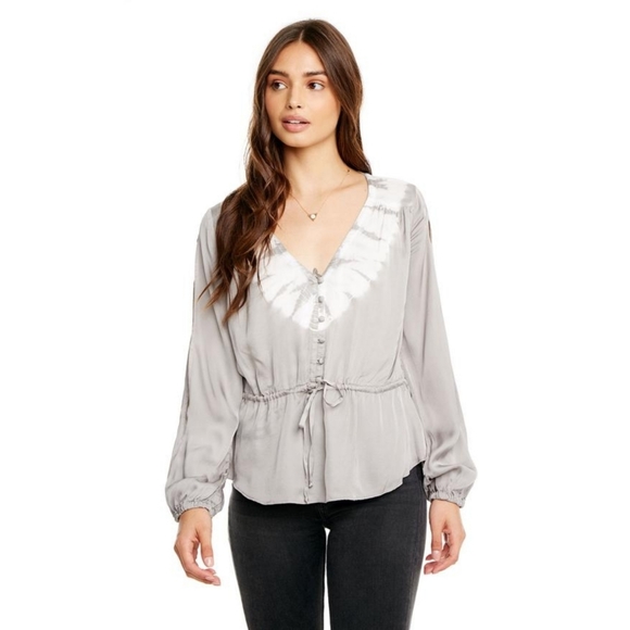 Chaser Blouson Sleeve Tie Front & Button Peplum - Picture 2 of 10